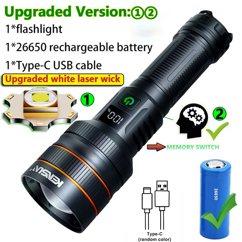 Most Powerful Long Shot LED Flashlight Zoomable Camping Torch Built-in 26650 Battery High Power Tactical Lantern for Outdoors