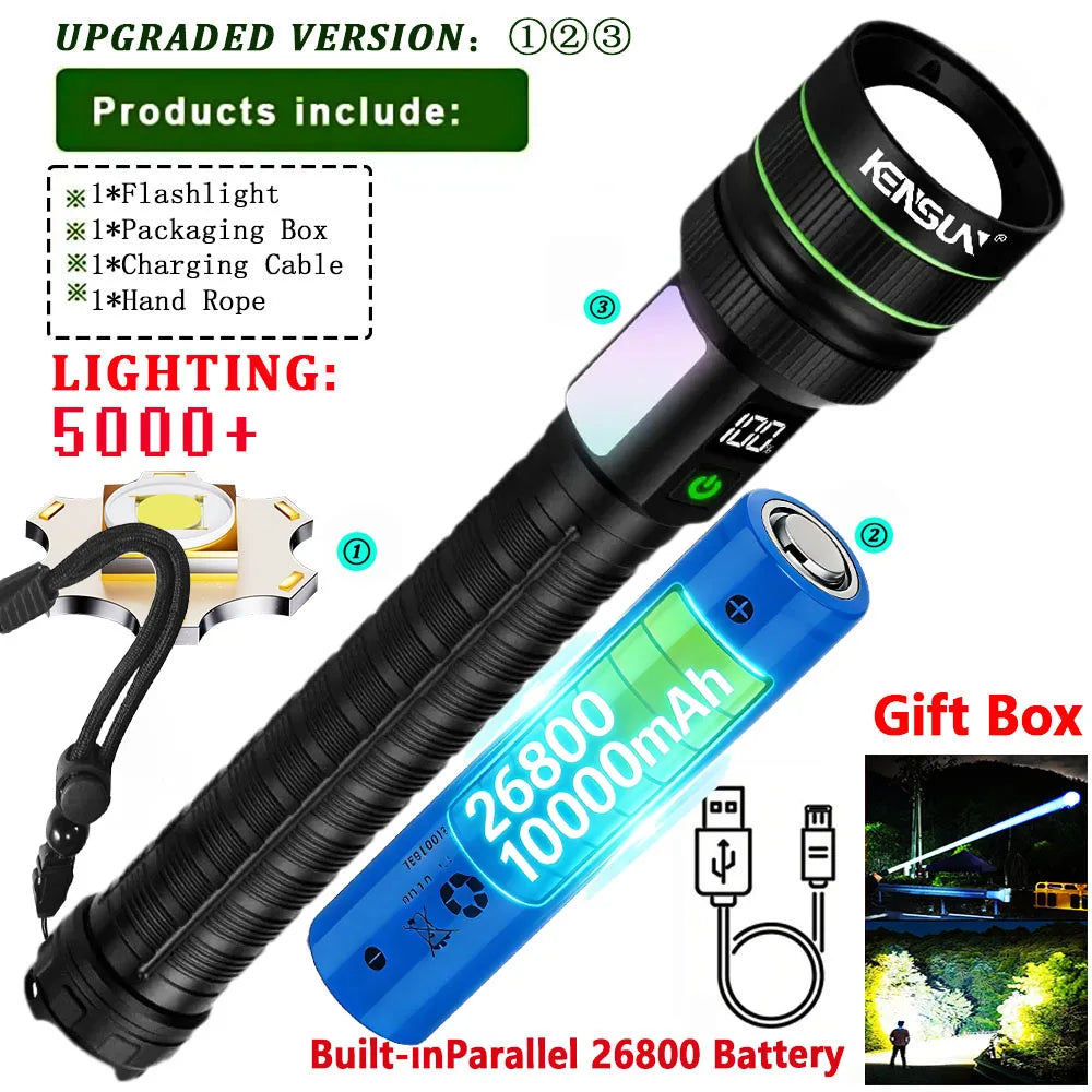 Most Powerful Long Shot LED Flashlight Zoomable Camping Torch Built-in 26650 Battery High Power Tactical Lantern for Outdoors